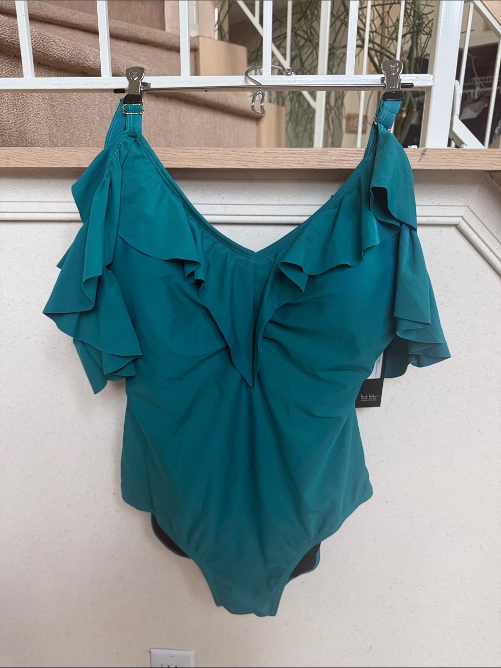 Nicole Miller Teal Ruffle-Trim Bodysuit